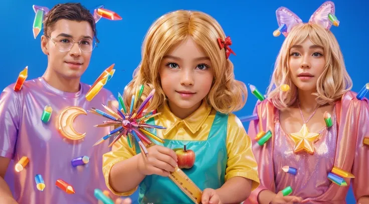  The image is a vibrant and whimsical representation of a childs imagination, featuring a young girl with blonde hair holding a colorful apple and surrounded by a group of friendly cartoon characters, smooth 3d model, glossy plastic texture, multiple light...