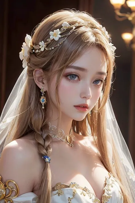 masterpiece，Highest resolution，Dynamic bust of a beautiful princess，Long white hairstyles，Clear amber eyes，The hair is covered with beautiful and delicate floral crafts, crystal jewelry filigree，Extremely detailed，Upscaling。