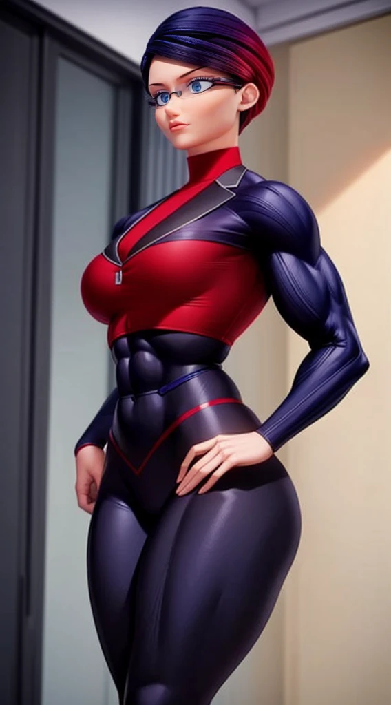 a muscular female bodybuilder in (( red bra inside (office suit) and her hair is (gradient of dark blue and red) from end to the right side of head)), detailed face, beautiful detailed eyes, beautiful detailed lips, ((extremely detailed face and muscles)),...