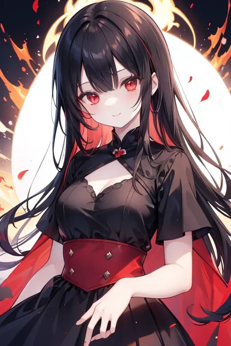 young girl, reddish black hair, bright red eyes, long hair, reddish black dress, beautiful and detailed eyes, flames all around, smiled horribly  