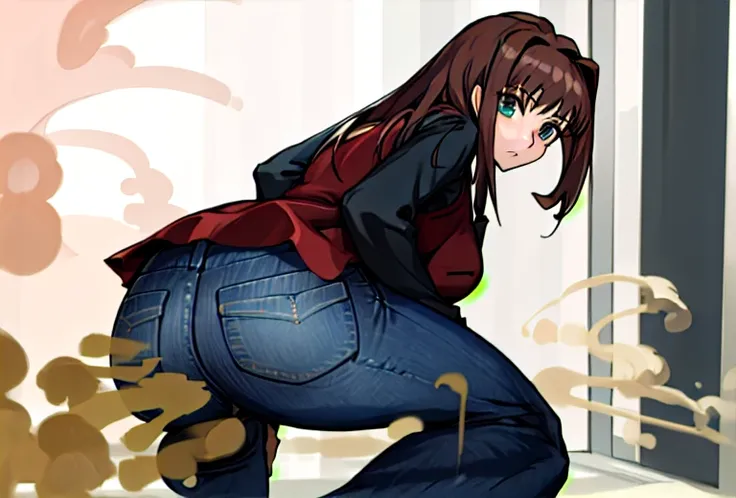 Highest quality, masterpiece, High Resolution, One girl, pooping, Aoko, long hair, brown hair, black shirt, red dress, long sleeves, black pantyhose, Aozaki 　Aoko, farting, Ass, hyper Ass, huge Ass, jeans,