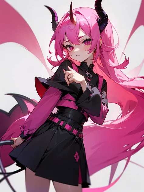 A demon  with black little horn pink hair and a demon tail