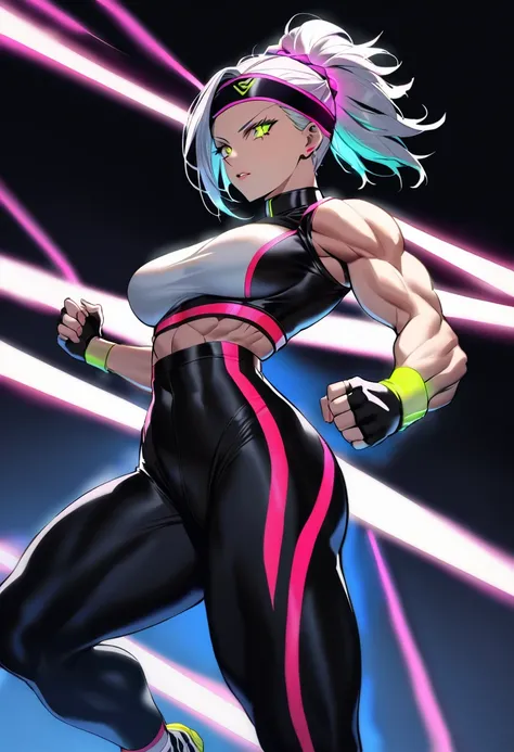 A gym enthusiast with a striking physique wears a bold gym outfit. High-waist leggings and a form-fitting crop top highlight her muscular build. Neon accents add a daring touch, while fingerless gloves enhance grip. Edgy sneakers and a fierce headband comp...