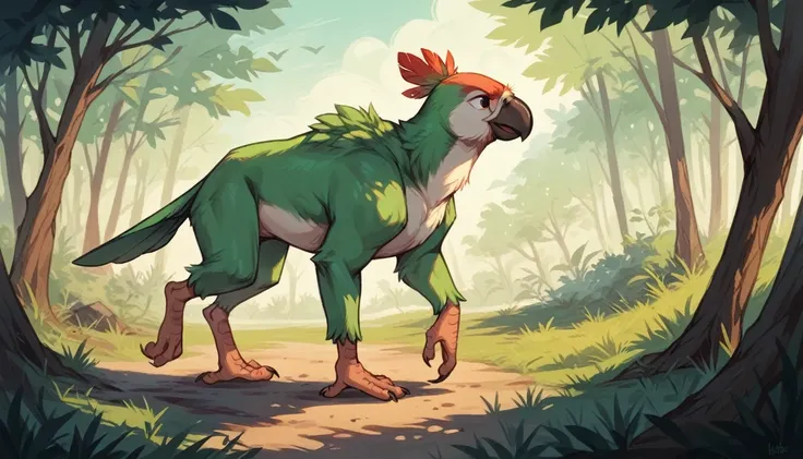 A parrot cowBOY WAlKInG IN tHe ForesT  HOlDinG A RevOLOvER