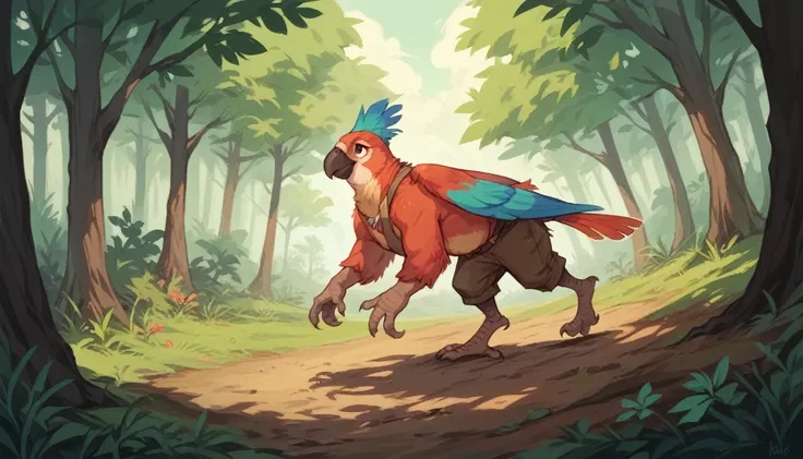 A parrot cowBOY WAlKInG IN tHe ForesT  HOlDinG A RevOLOvER