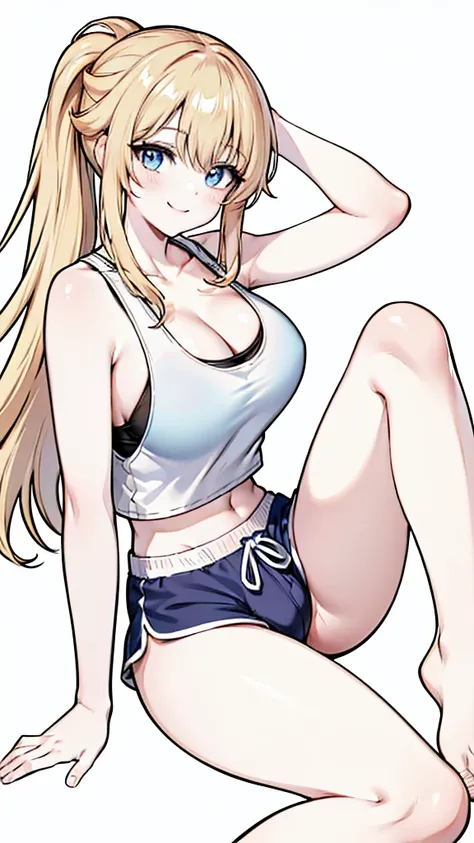 1girl, long blonde hair, blue eyes, wearing blue tank top and black dolphin shorts, no background, absurdres, high res, ultrasharp, 8K, masterpiece, long legs, large breasts, thicc thighs, thighs shown, blushing, short shorts, barefoot, perfect hands, larg...