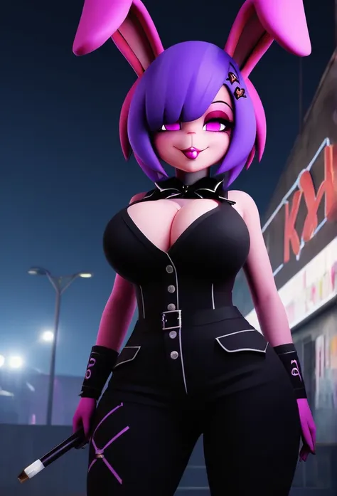 (best quality, masterpiece1.2), 1girl, antro, cally3d, punk girl, goth, club, (bonfie), purple body, purple hair, pink eyes, red...