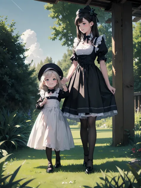 A serene outdoor scene unfolds at dusk, with a brilliant blue sky transitioning into a canvas of twinkling stars. A beautiful young girl, dressed in a stunning white and black gothic maid dress adorned with a navy blue ribbon, stands amidst lush green gras...