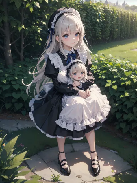 A serene outdoor scene unfolds at dusk, with a brilliant blue sky transitioning into a canvas of twinkling stars. A beautiful young girl, dressed in a stunning white and black gothic maid dress adorned with a navy blue ribbon, stands amidst lush green gras...