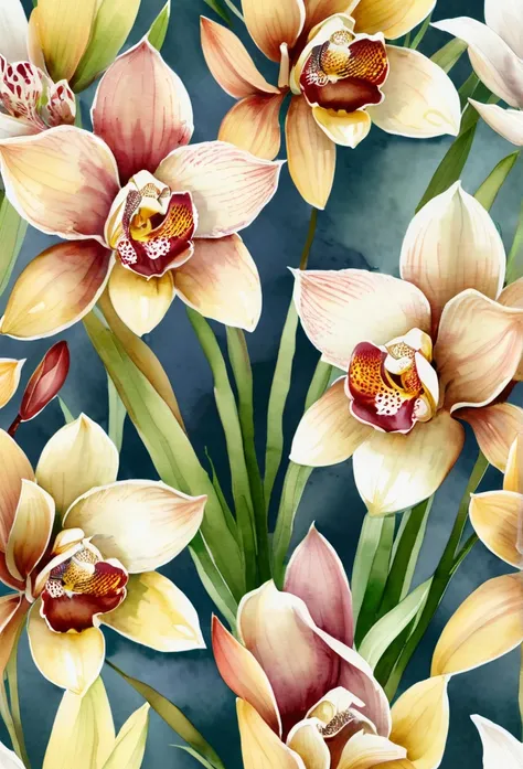 Watercolor Flowers, Cymbidium, (Masterpiece), (Best Quality), (Ultra high Detailes)