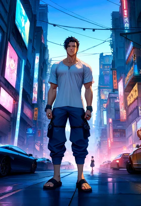 Highest quality、High resolution、８K、Japanese anime-like illustrations、Very handsome grown man、A fantastic atmosphere、Wearing a blue and white T-shirt、Wearing blue pants、Wearing black sandals、Crouching alone in the cityscape under the blue sky、A very handsom...