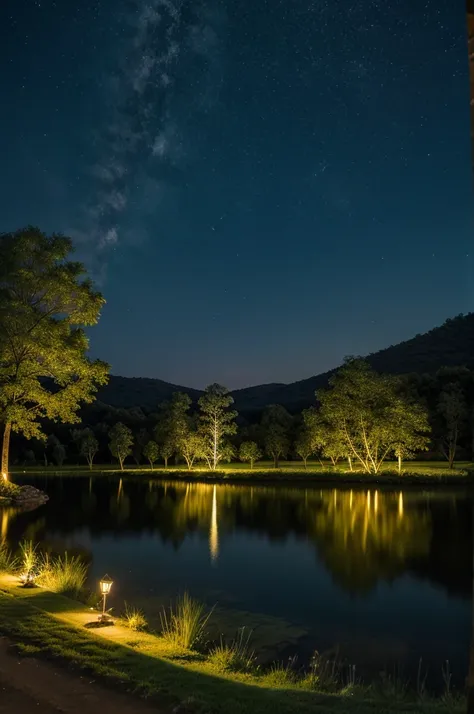 Creat a lotes lake with gree light in night