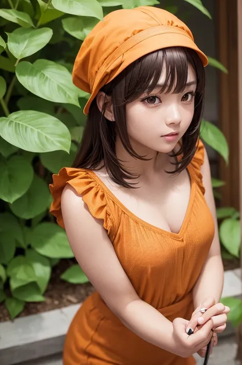 Cute brown skin girl, Orange bangs [With a black shade], 金色的Eye (shining), 超逼真的Eye, Use a magnifying glass, There is a gold ingot next to the item you are looking for.，Round Face, Realistic lighting, Radiosity, Close-up magnifying glass，Eye