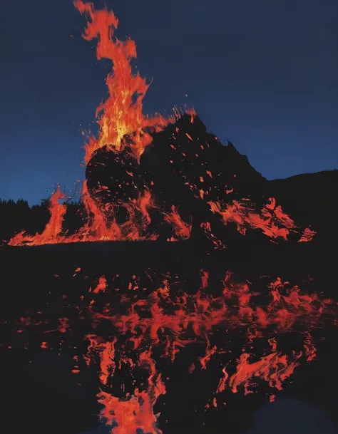 long view of red fire on lake at night, blue background