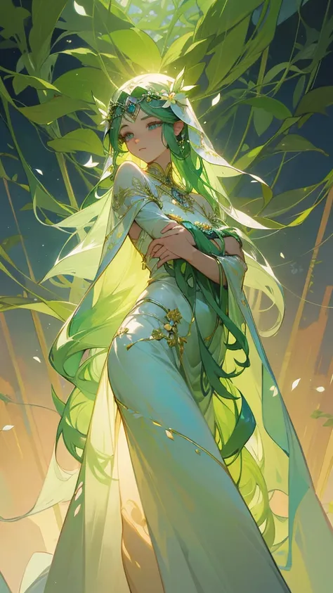 The Nature Goddess embodies serene beauty and harmony. She has flowing hair adorned with flowers, leaves, and vines. Her gown, woven from delicate petals and greenery, blends seamlessly with her surroundings. Radiating a gentle glow, her eyes reflect the w...