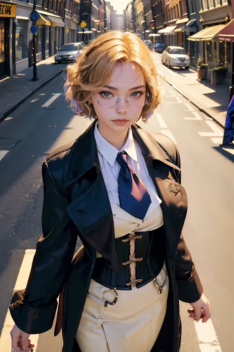 masterpiece,best quality,(1woman:1.3), 25 years old,short hair,colored tips,curly hair,colored glasses,earings,gun,tie,topless,corset,mafia style,handcuffs,wrap coat,street,from above,(dutch angle, fisheye),lens flare,depth of field 