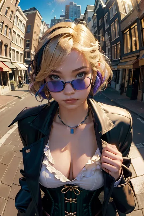 masterpiece,best quality,(1woman:1.3), 25 years old,short hair,colored tips,curly hair,colored glasses,earings,gun,tie,topless,corset,mafia style,handcuffs,wrap coat,street,from above,(dutch angle, fisheye),lens flare,depth of field 