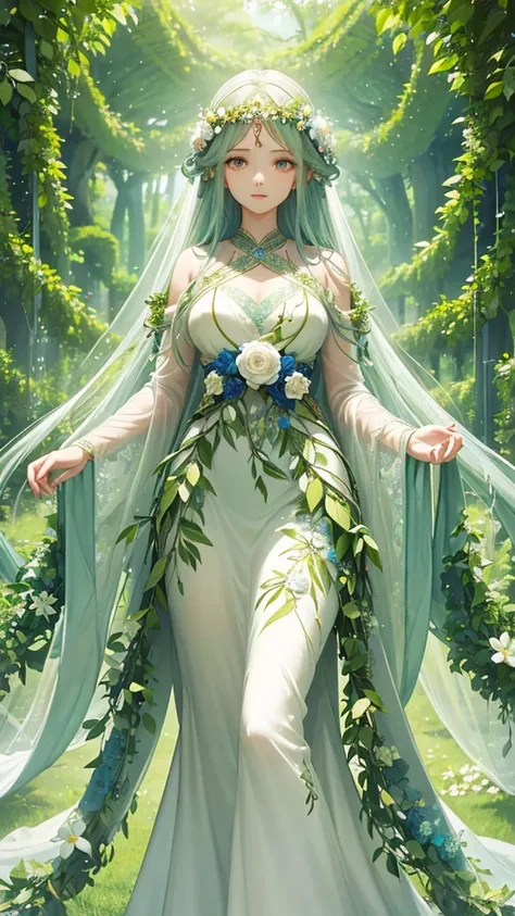 The Nature Goddess embodies serene beauty and harmony. She has flowing hair adorned with flowers, leaves, and vines. Her gown, woven from delicate petals and greenery, blends seamlessly with her surroundings. Radiating a gentle glow, her eyes reflect the w...