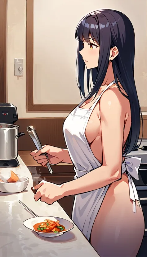 A hot woman with a mature body naked wearing a white kitchen apron cooking in a kitchen.