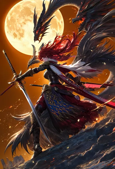 a warrior holding a blazing red sword, a golden dragon flying up in the background, a big moon behind the dragon, detailed warri...