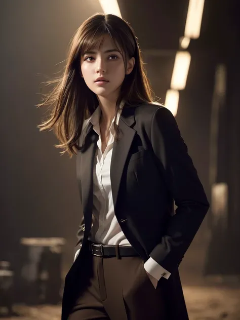 Highest quality，masterpiece，Ultra-high resolution，（Realistically：1.4），RAW Photos，One girl，Brown Hair、bangs，Brown eyes，Detailed eyes and face，Black suit，Dynamic Lighting，Dark Night，Dark shading，Low Tone，Cowboy takes a full body shot，Aurora Background，headse...