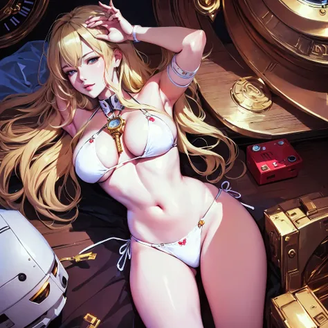 Blonde woman in bikini lying on bed with clock, cute sexy robots, Kuchart Krenz Key Art Feminine, Beautiful, charming anime women, [ digital art 4k ]!!, Charming anime girl, From the video game Azur Lane, extremely detailed Argerm, kentaro miura art, Arger...