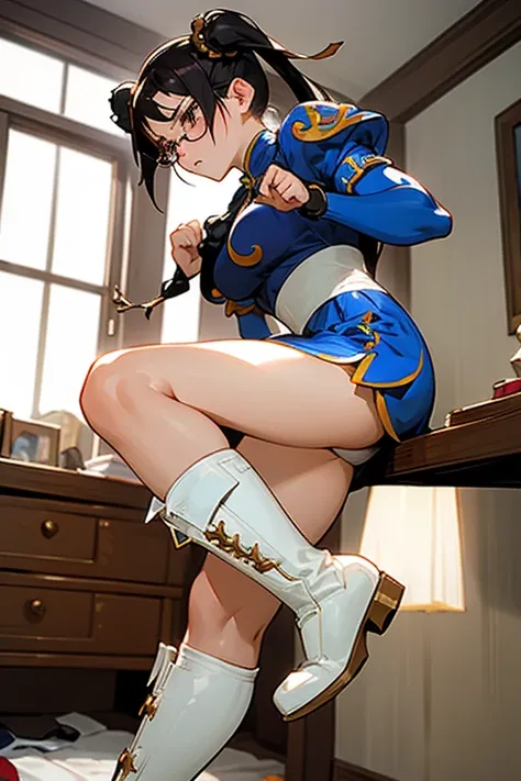 A black-haired, freckled, glasses-wearing girl dressed as Chun-Li with a displeased expression wearing white boots in her room