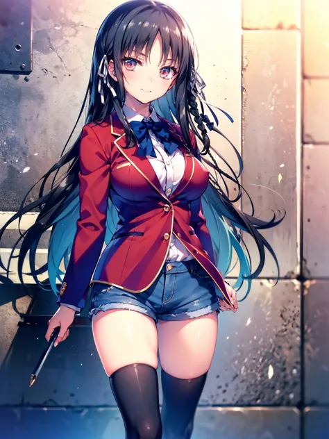 (8k, highest quality, highest quality, masterpiece), aasuzune, long hair, black hair, (single braid:1.2), hair ribbon, red jacke...