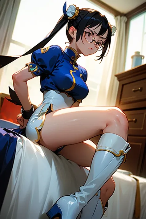 A black-haired, freckled, glasses-wearing girl dressed as Chun-Li with a displeased expression wearing white boots in her room