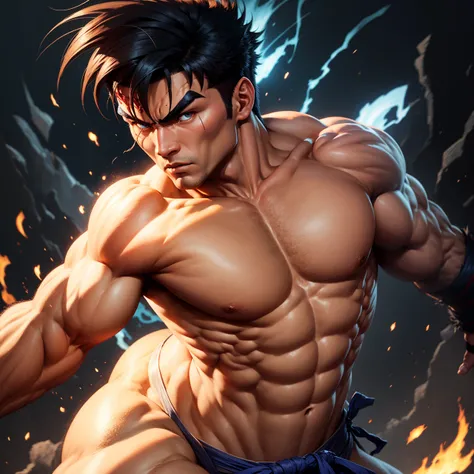 Street fighter ryu, frontal view, bushy eye brows, full body