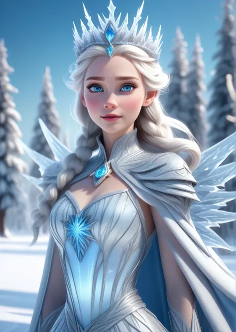 A beautiful, graceful ice queen, (1girl:1.2), detailed face, piercing blue eyes, ice-like skin, long flowing silver hair, elegant ice-like dress, (ice crown:1.2), (icy wings:1.2), (snow queen:1.4), (magical ice powers:1.2), (fantasy landscape:1.2), (frozen...