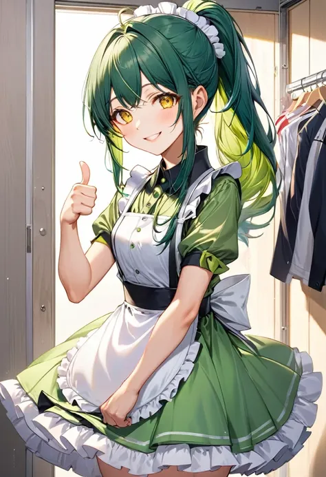 (japanese festival style) (15 yo, ponytail green hair long hair cute fighter girl, ecstasy yellow eyes, love smile), (in a summer maid clothes), (standing, Thumbs up hand), break, (in the festival Changing Room), BREAK, perfect anatomy, masterpiece, best q...