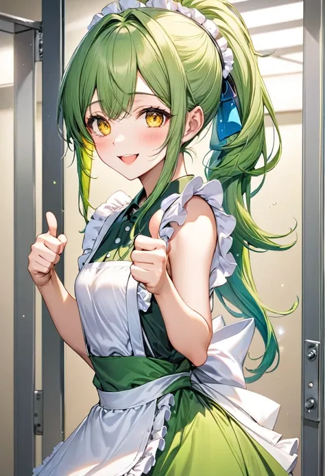 (japanese festival style) (15 yo, ponytail green hair long hair cute fighter girl, ecstasy yellow eyes, love smile), (in a summer maid clothes), (standing, Thumbs up hand), break, (in the festival Changing Room), BREAK, perfect anatomy, masterpiece, best q...