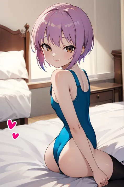 masterpiece, best quality, highres, ny1,,looking viewer,,spoken heart,6yo,(petite), ,blue swimsuits,leotard,socks,expressionless,my room,smile,on bed,nsfw,ass,from back