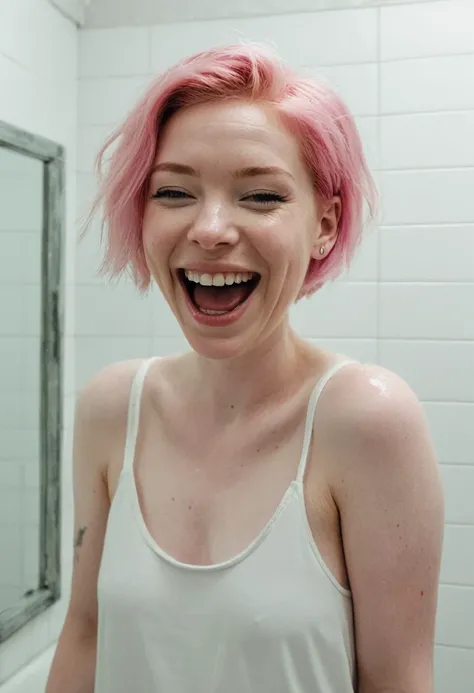 Short pink hair pale skin woman standing in bathroom laughing 