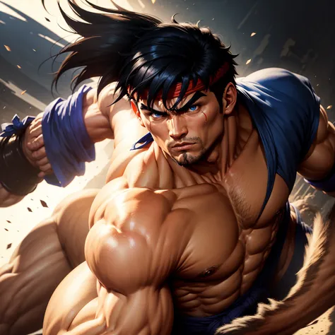 Street fighter ryu, frontal view, bushy eye brows, full body