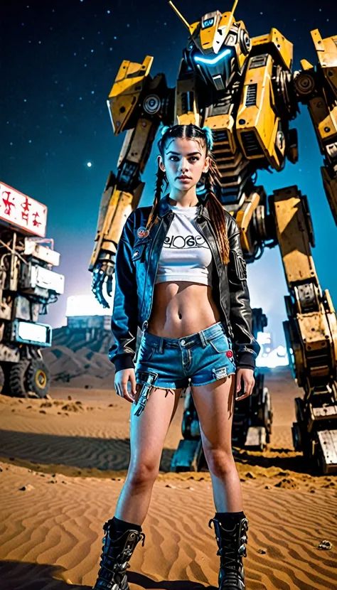 Uma garota loira com cabelo de pigtails , 18 years old shes inside a giant robot, shorts e jaqueta jeans rasgado, (dentro de um  robo) armado e atirando, Post-apocalyptic background in the night desert, Bottom-up angular front camera, She has cyberpunk-sty...