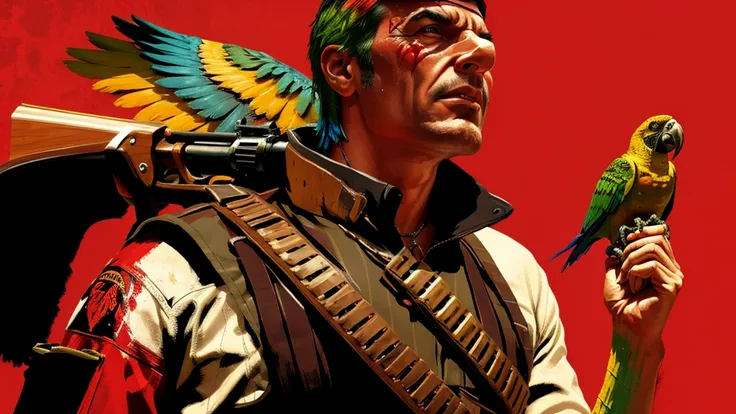 R3DD34Dstyle, digital portrait, A PArROT HoLDiNG a RIfLe, in wild west, red background,everything is sHATTERRInG IN BACkGROUNd