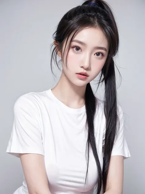 masterpiece,Best picture quality,Extreme details,Ultra-high resolution,Ultra-high definition,Beautiful young people,Glowing skin,thin,Black Hair,Short Ponytail,1,big eyes,beautiful eyes,Lipstick,Exquisite facial features,bust,Looking at the viewer, t-shirt...