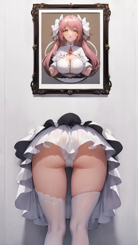 masterpiece, ultimate madoka, yellow eyes, white dress, glossy lips, medium breasts, thigh highs, ass view, picture in a frame,  (gliry wall pose:1.3)