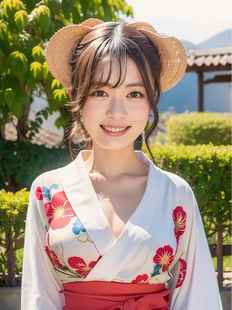 highest quality:1.3, masterpiece, Ultra-high resolution, realistic:1.3, solo:1.3, white background, ((Clear Face)), sidelighting, cowboy shot, (looking at camera:1.3), (yukata), standing, Showcasing cleavag, arms behind back, (medium chest), smile