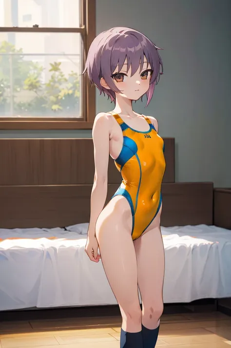 masterpiece, best quality, highres, ny1,,looking viewer,,expressionless,6yo,(petite), ,swimsuits,leotard,socks,expressionless,indoor,standing,,,arms behind back