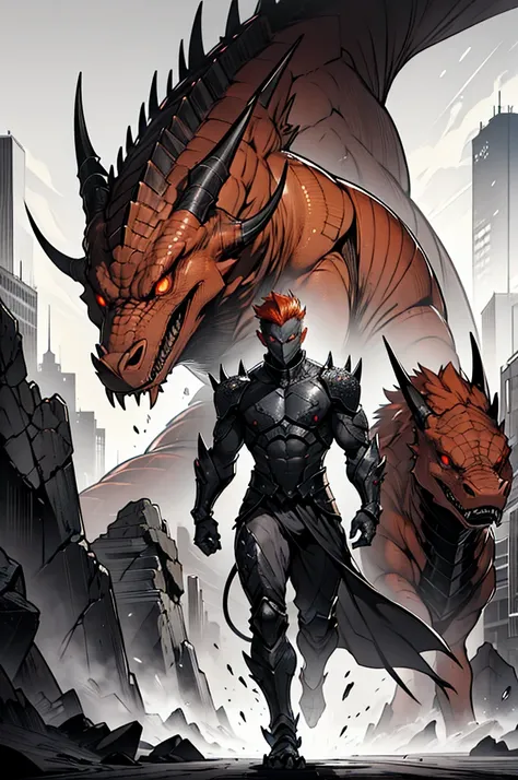 A male with red hair and his Kaiju form in his back, Masterpiece, Best quality, 8K, Detailed skin texture, obsidian-like plates that overlap like armor reptilian head, obsidian spikes running from the forehead to the back of the neck. Four glowing amber ey...