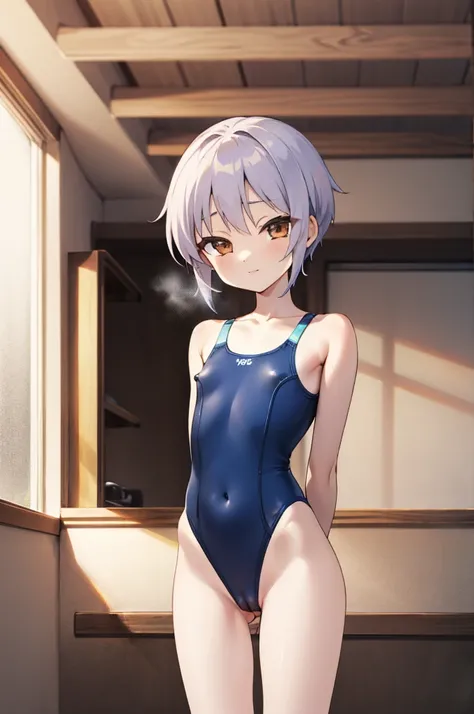 masterpiece, best quality, highres, ny1,,looking viewer,,expressionless,6yo,(petite), ,swimsuits,leotard,socks,expressionless,indoor,standing,nsfw,,arms behind back,(thin body,thin legs,thin arms)