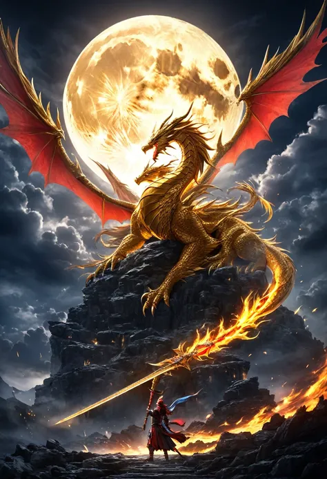 a warrior holding a blazing red sword, a golden dragon flying up in the background, a big moon behind the dragon, detailed warrior, detailed dragon, detailed sword, detailed moon, cinematic lighting, dramatic lighting, epic fantasy, dark fantasy, vibrant c...