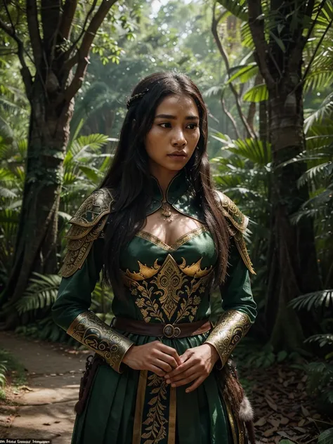 In this captivating cinematic scene, set in a dark yet expansive forest, a beautiful Indonesian female warrior, adorned in intricate Game of Thrones-like armor, is seen meditating with a serene and poised expression. The warriors connection to the natural ...