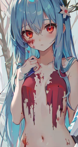 High quality anime style，White Forest，Cute girl，Blue long hair with red highlights，belly button，groin，shy，Nude Girls，Zombie girl，Open Rendering