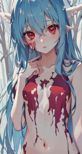 High quality anime style，White Forest，Cute girl，Blue long hair with red highlights，belly button，groin，shy，Nude Girls，Zombie girl，Open Rendering