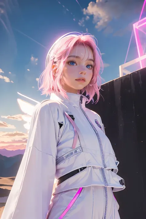 ((masterpiece, best quality, extremely detailed), volumetric lighting, ambient occlusion, colorful, glowing), 
1girl, solo, young girl, (pink hair), long hair, halo, aura, sacred, godness, cyber suit, (white outfit:1.3), android, bot, angel wings,
outdoors...