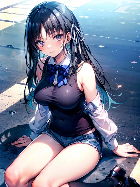 (8K, Highest quality, Highest quality, masterpiece), sit on the floor, aasuzune, long hair, black hair, (single braid:1.2), hair ribbon, black tank top, blue bowtie, long sleeves, black thighhighs, smile, denim hot shorts, mini shorts, big breasts